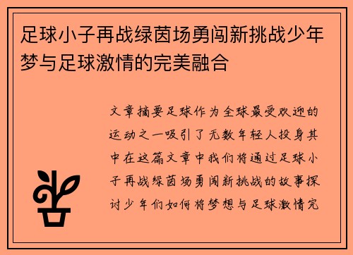 足球小子再战绿茵场勇闯新挑战少年梦与足球激情的完美融合 足球小子再战绿茵场勇闯新挑战少年梦与足球激情的完美融合